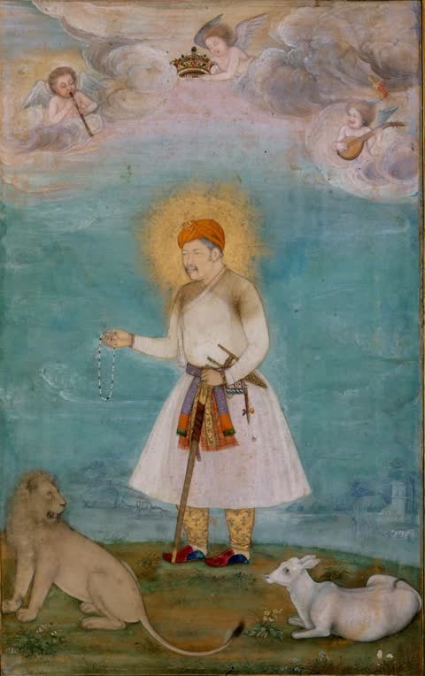 Akbar with a lion and a calf, Mughal India