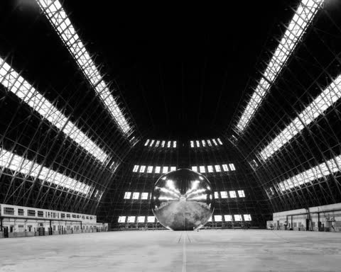 Echo balloon inside a blimp hangar, Weeksville, North Carolina, USA