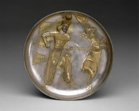A king spearing a stag, in silver, Iran