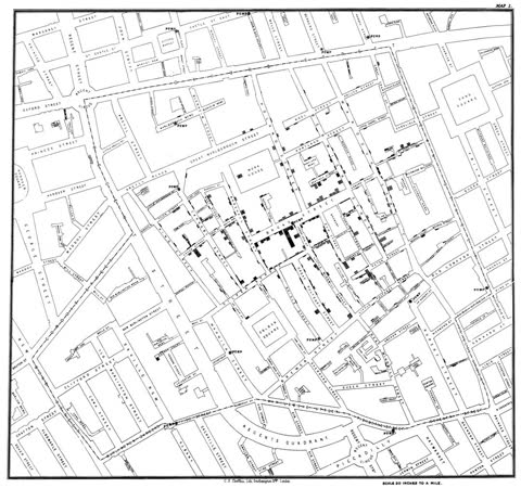 John Snow's map of cholera deaths, Soho, London, England