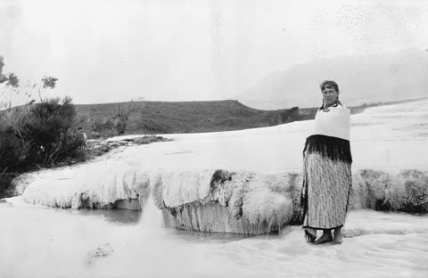 Guide Sophia at the terraces, Lake Rotomahana, New Zealand